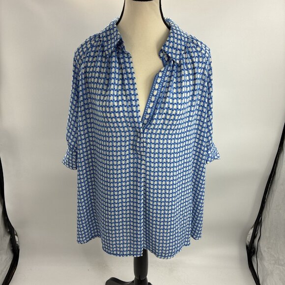 Max Studio Womens 3XL Blue White Geometric Print V Neck Short Sleeve Blouse - Picture 1 of 7